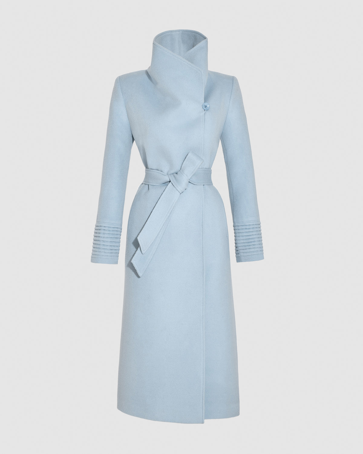 SENTALER Baby Alpaca Long Funnel Collar Wrap Coat in Glacial Blue, shown off-figure, belted at the waist.