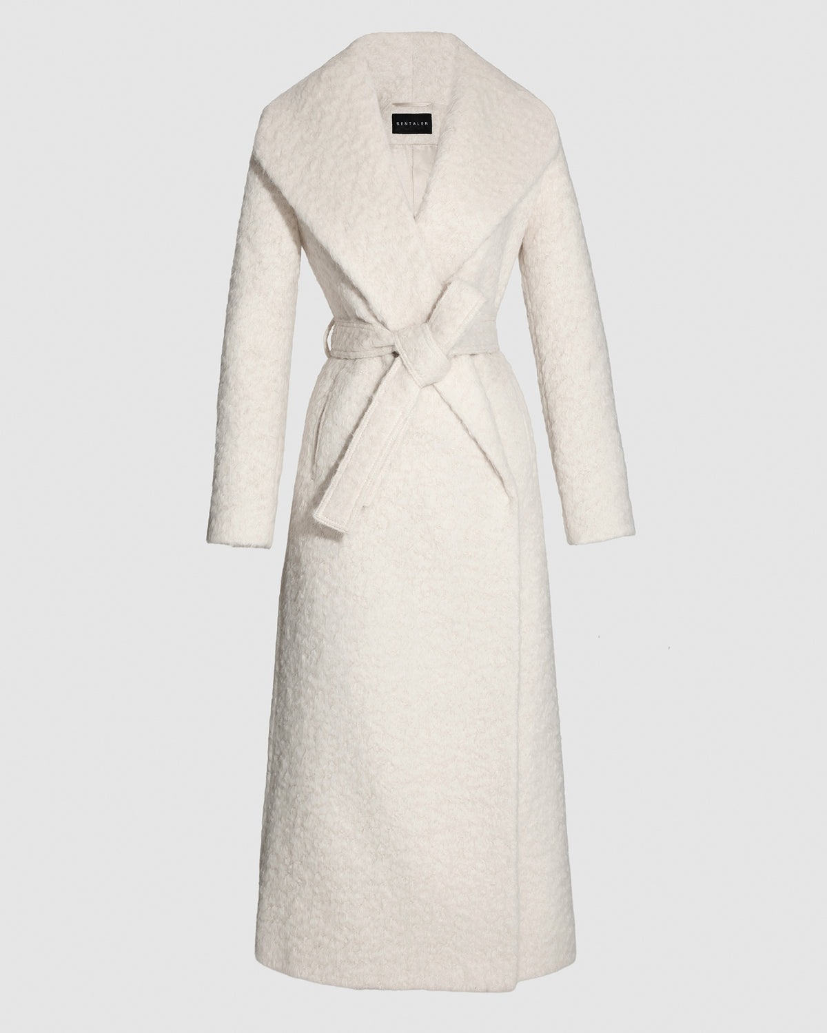 SENTALER Textured Suri Alpaca Maxi Shawl Collar Wrap Coat in Cloud White, shown off-figure, belted at the waist.