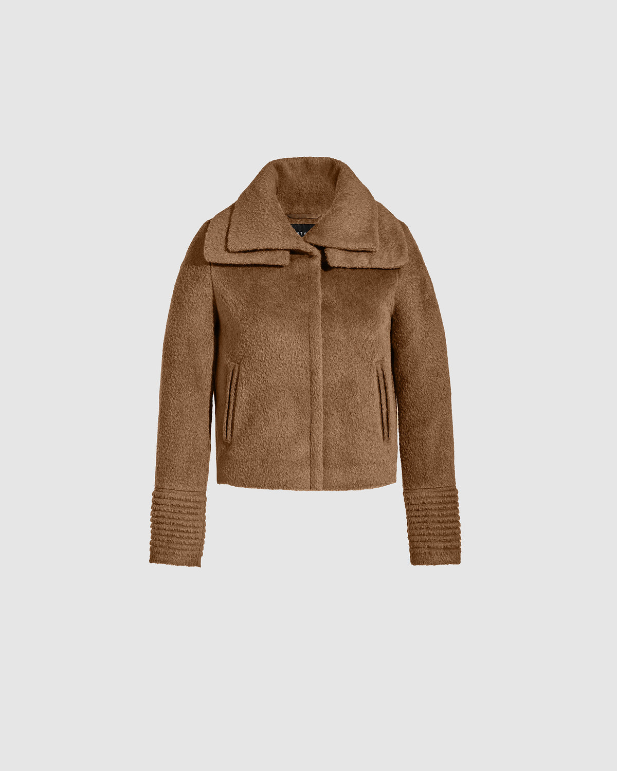 SENTALER Bouclé Alpaca Moto Jacket with Signature Double Collar in Dark Camel, shown off-figure. Buttoned.