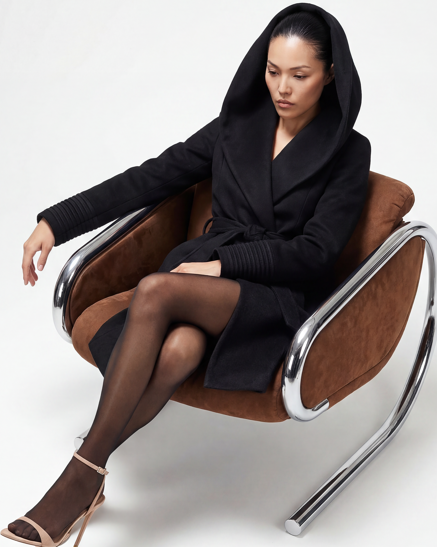 SENTALER Mid Length Hooded Wrap Coat in Black, Baby Alpaca — worn by a female model, front view, belted.