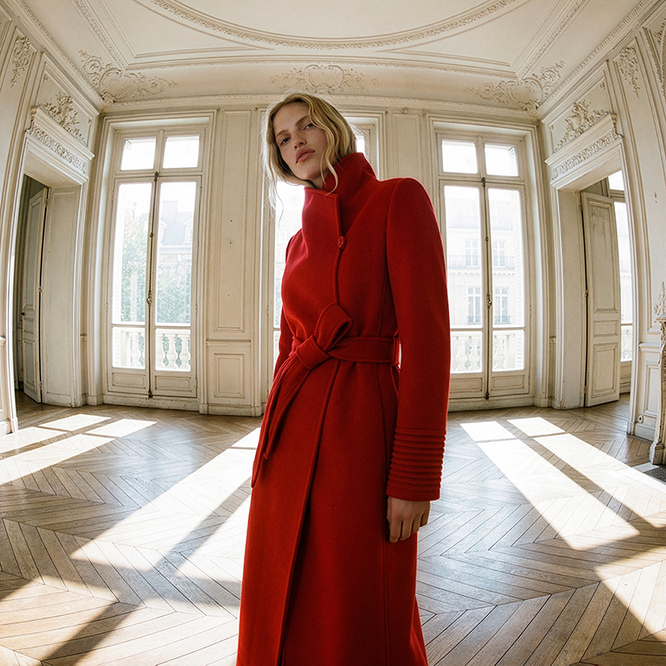 SENTALER Baby Alpaca Long Funnel Collar Wrap Coat in Scarlet Red, worn by a female model in a sunlit room.