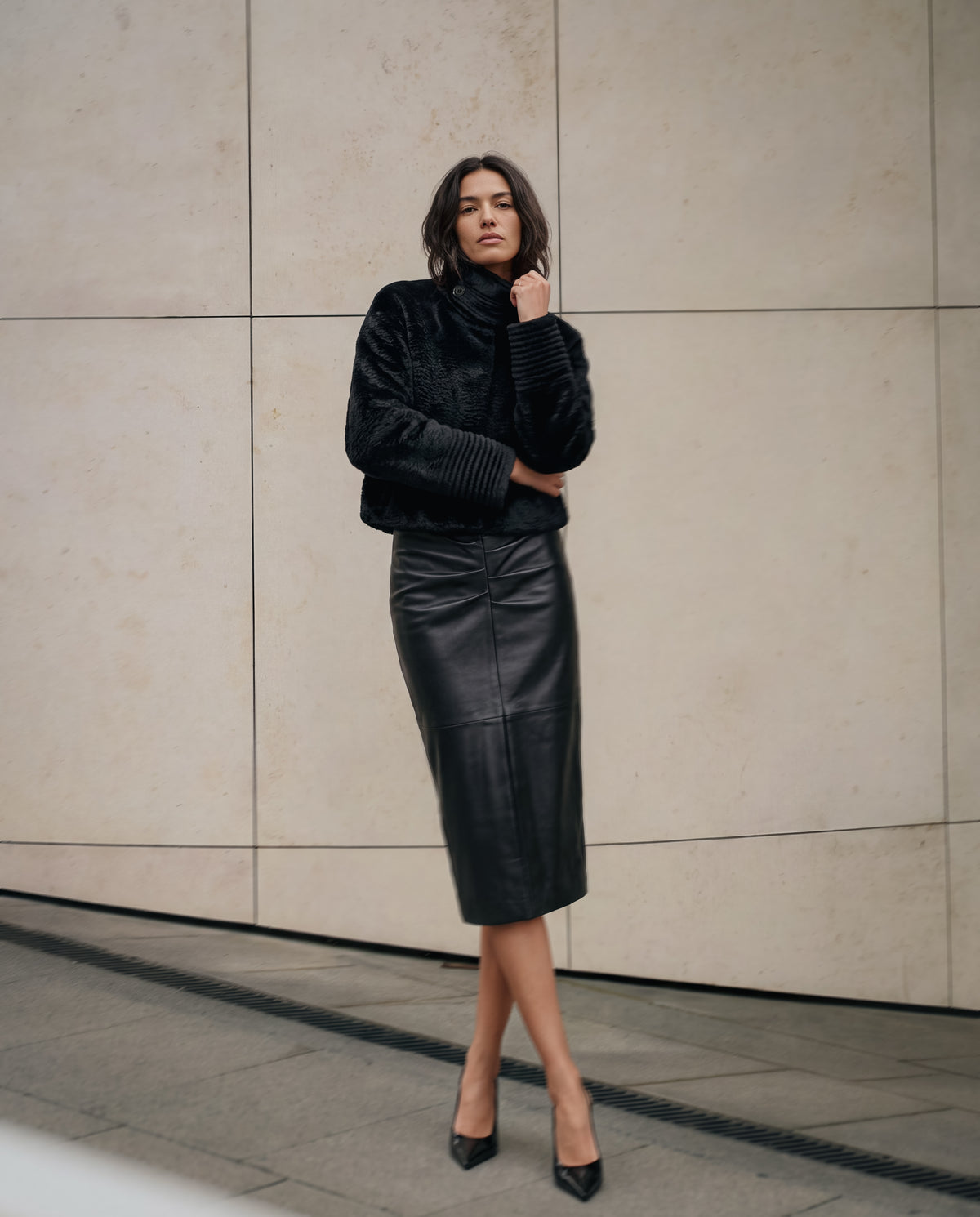 Suri Alpaca Stand Collar Aviator Jacket in Black
