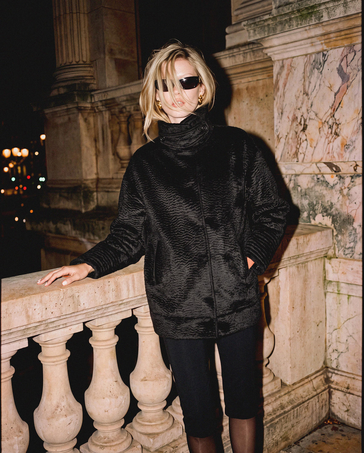 Suri Alpaca Stand Collar Aviator Jacket in Black.