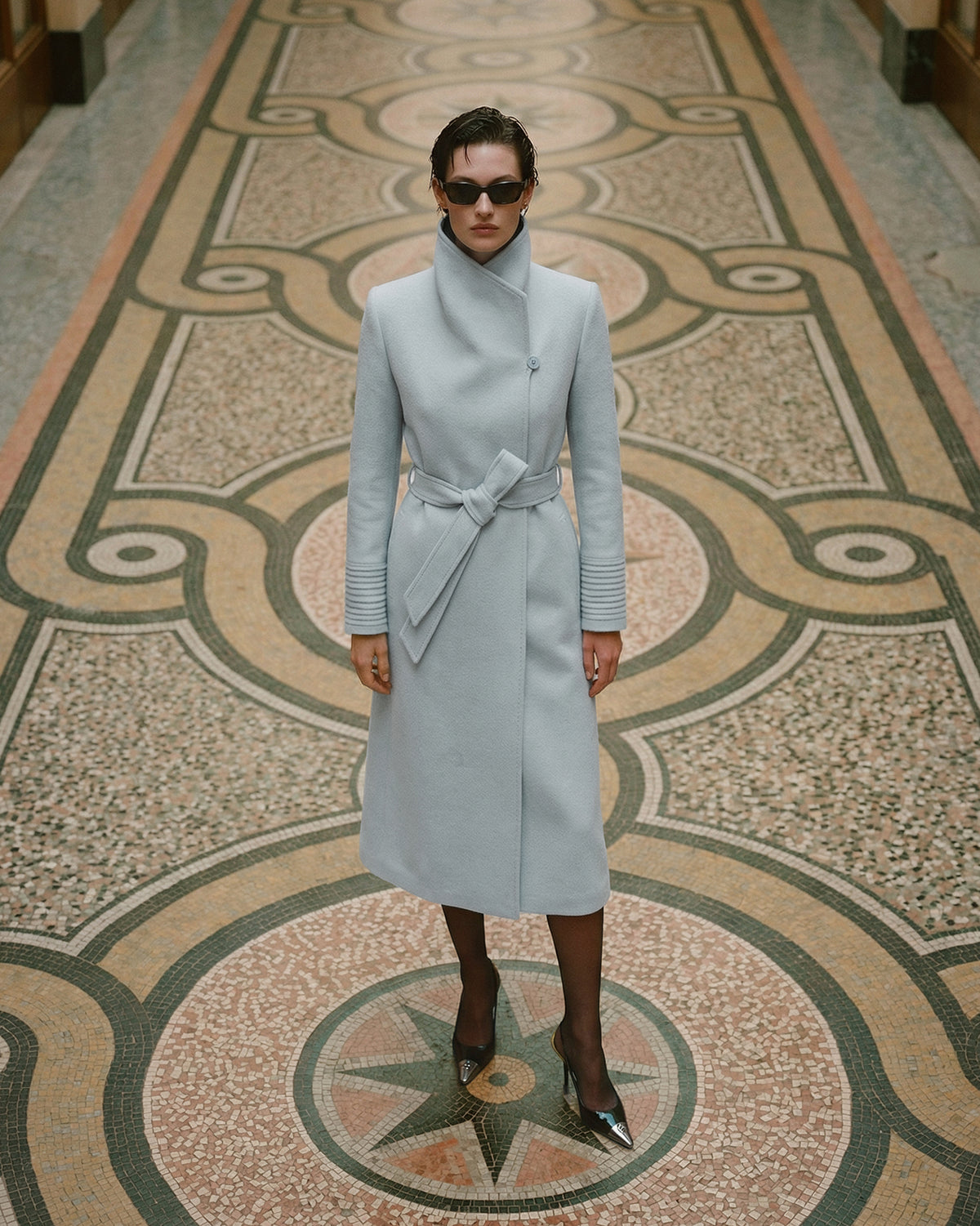 Baby Alpaca Long Funnel Collar Wrap Coat in Glacial Blue.