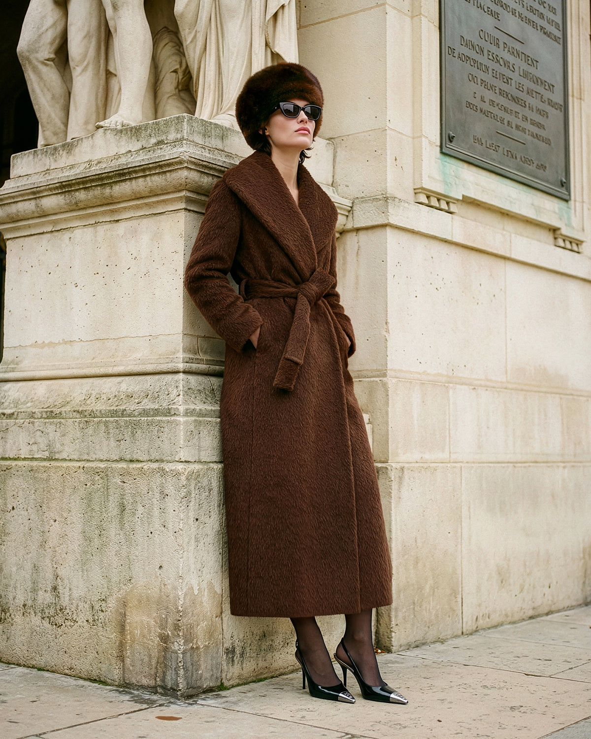 Textured Suri Alpaca Maxi Shawl Collar Wrap Coat in Chestnut.