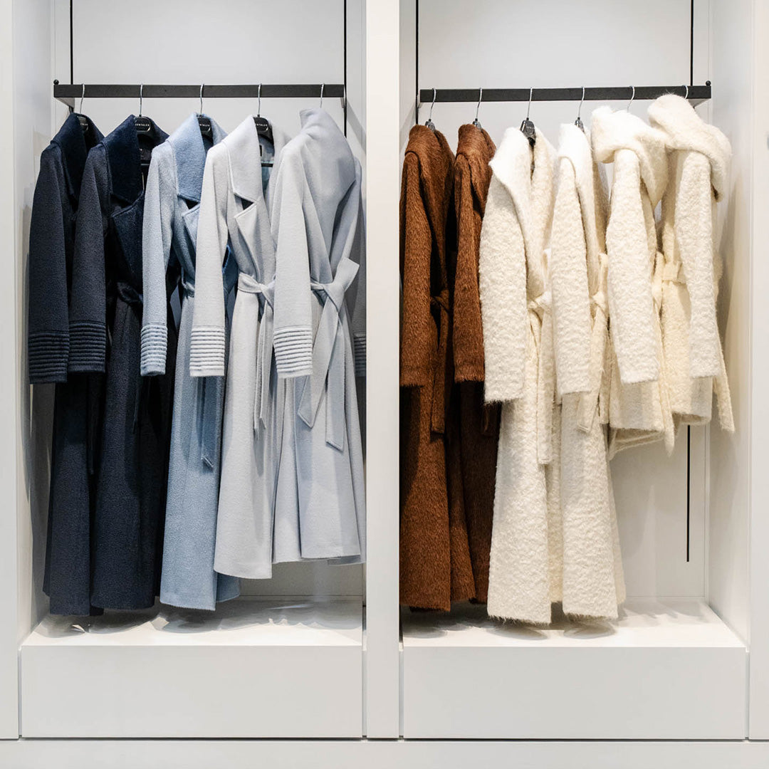 SENTALER coats from the Fall Winter 2026/27 collection displayed on racks at the flagship in Yorkville.