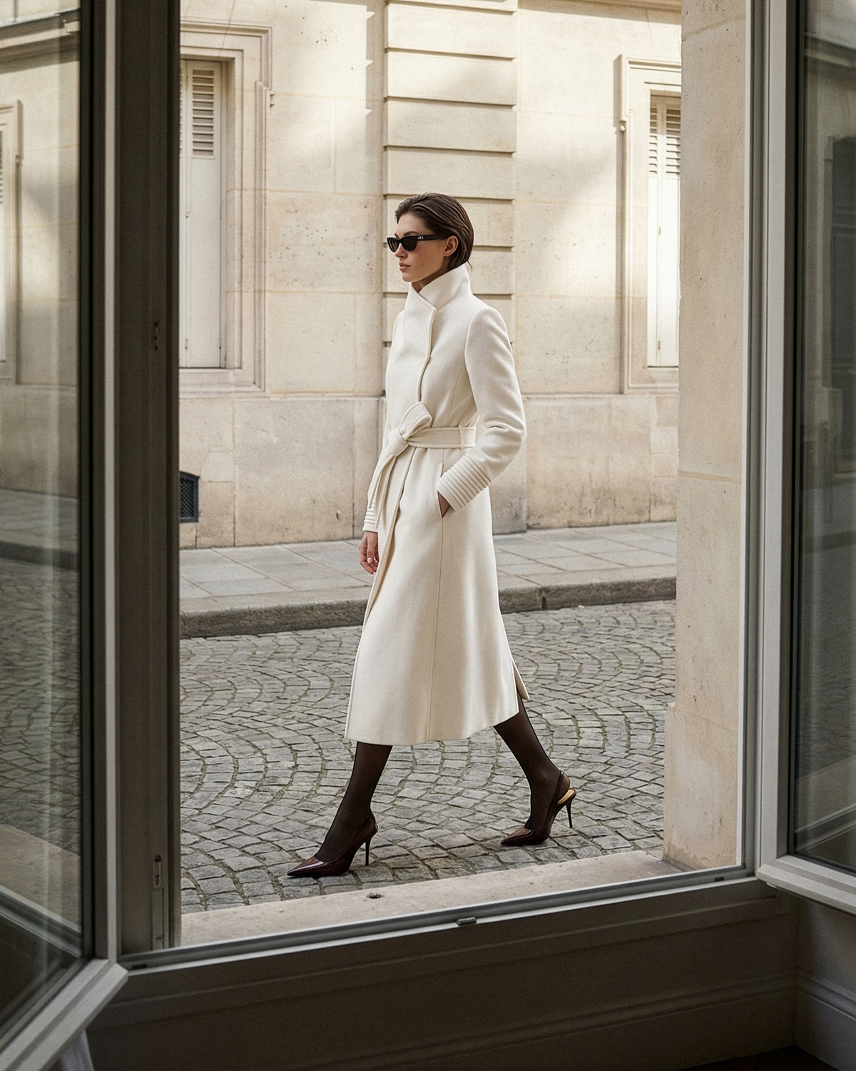 Baby Alpaca Long Funnel Collar Wrap Coat in Ivory.