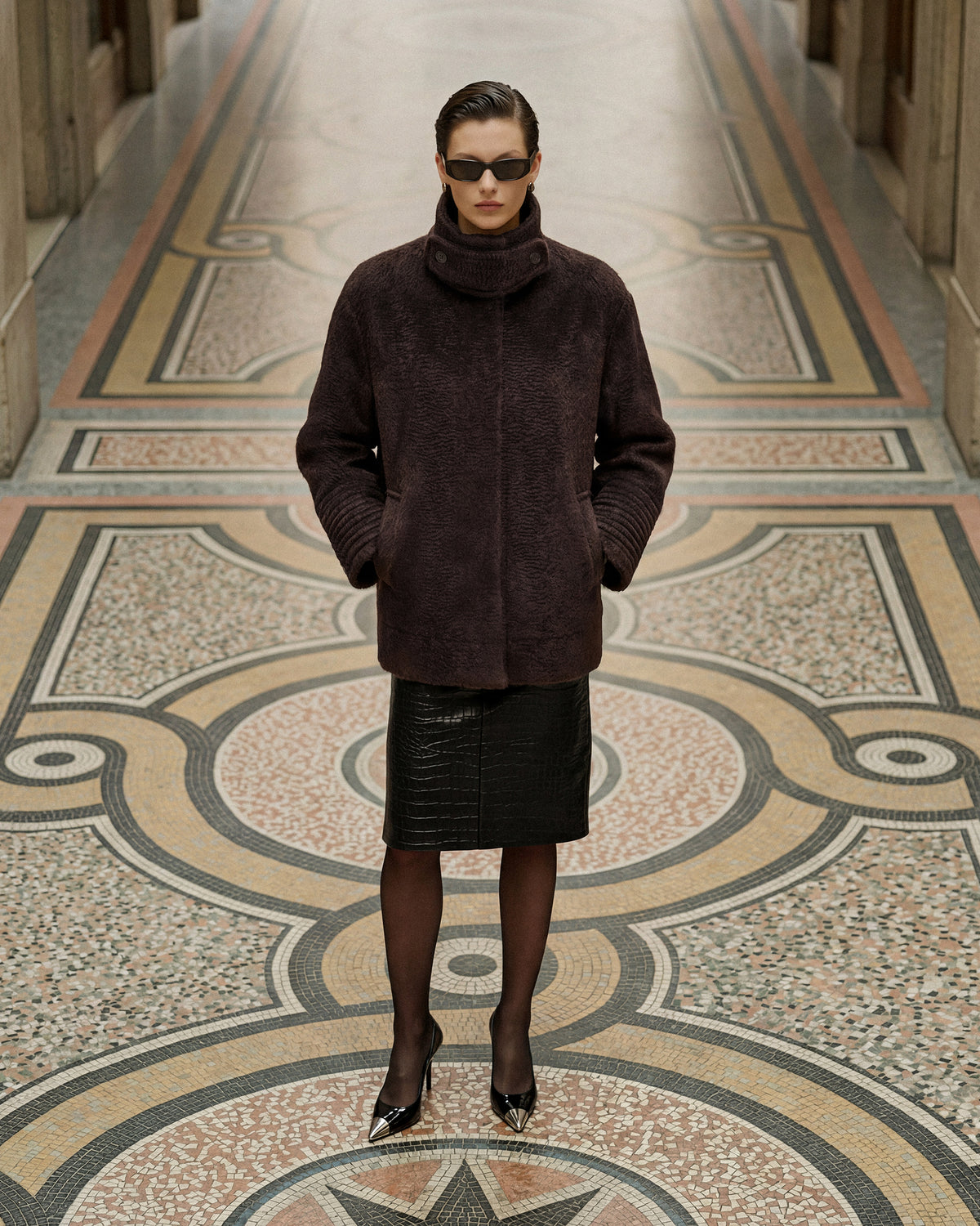 Suri Alpaca Stand Collar Aviator Jacket in Chocolate Brown.