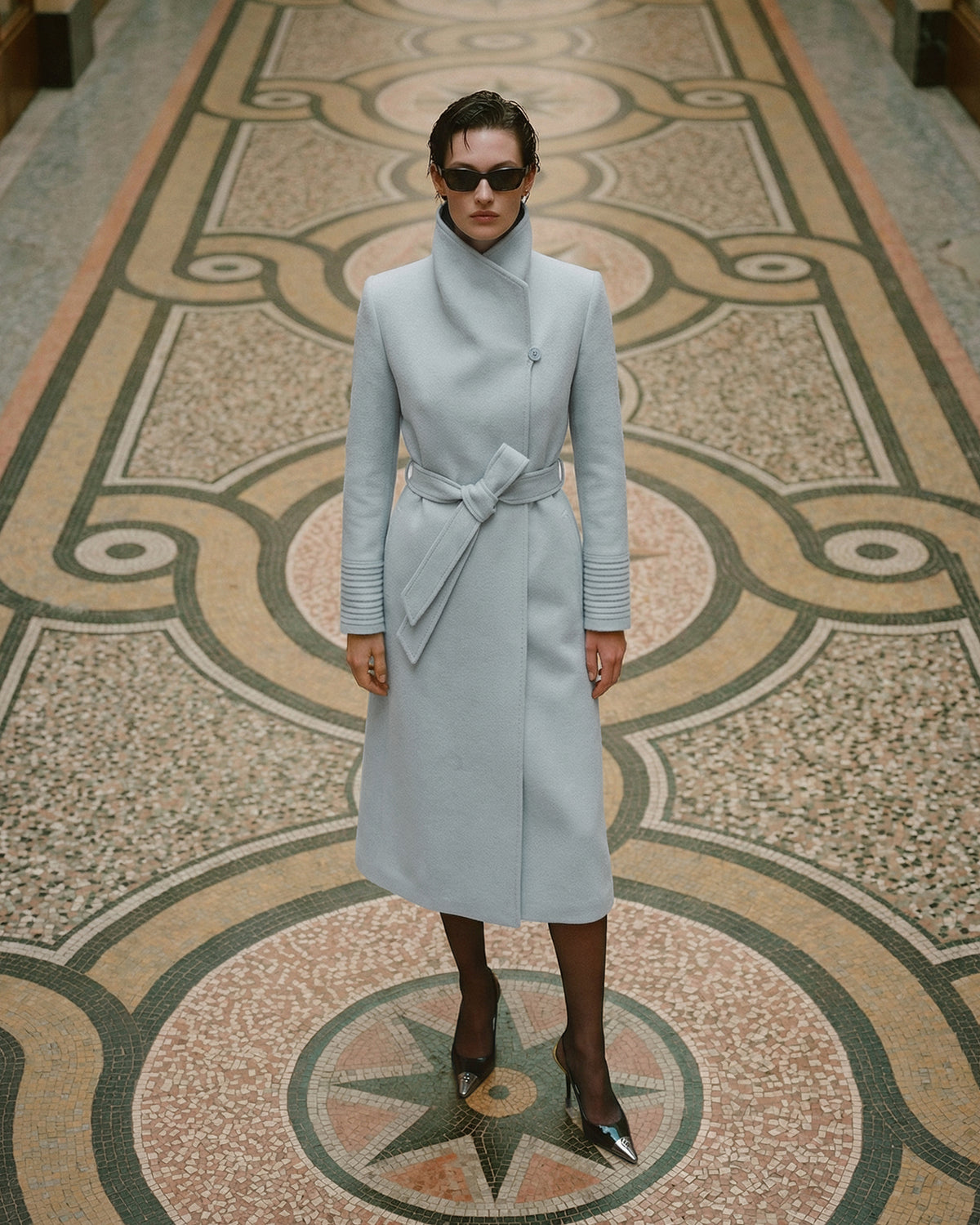 Baby Alpaca Long Funnel Collar Wrap Coat in Glacial Blue.