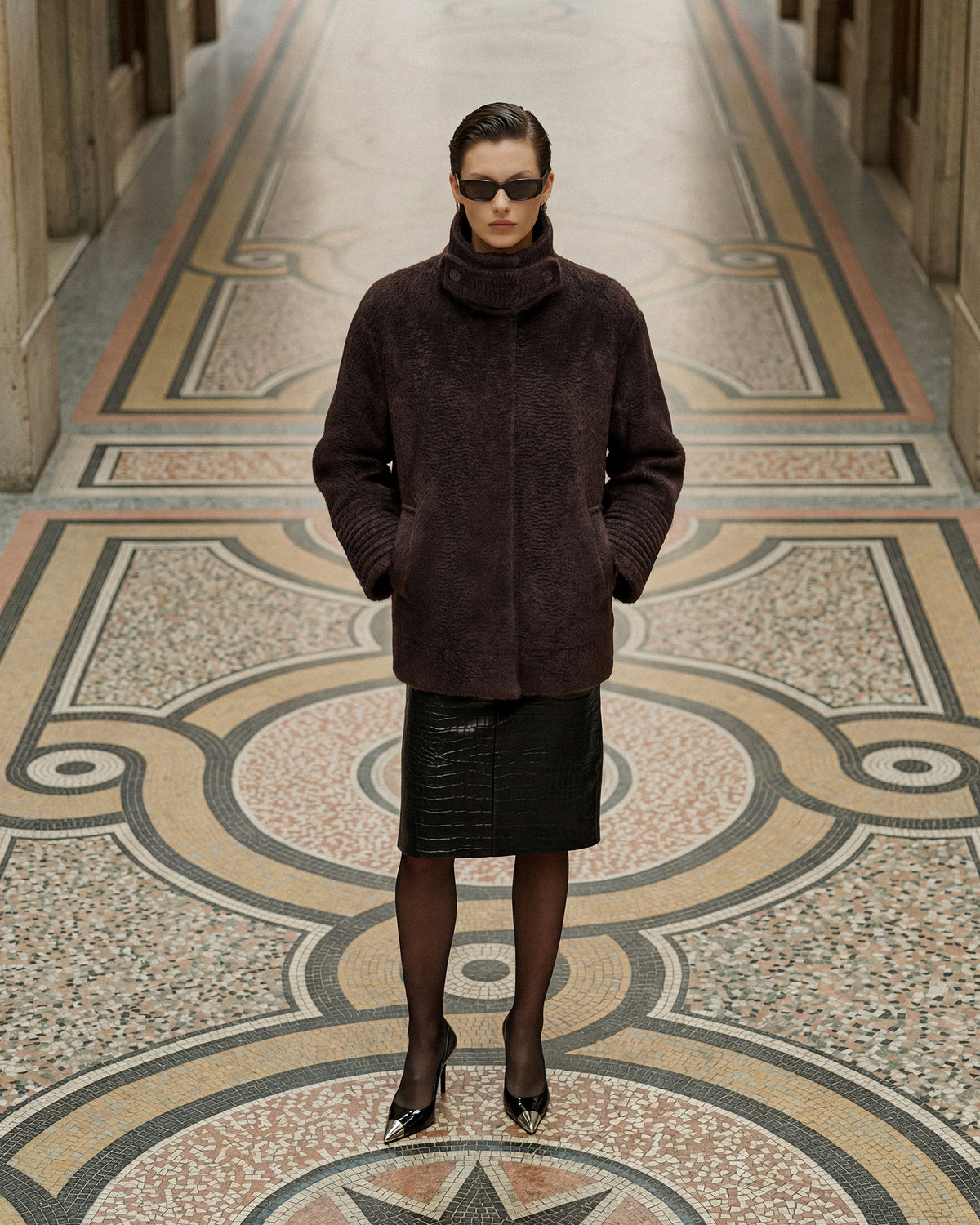Suri Alpaca Stand Collar Aviator Jacket in Chocolate Brown.