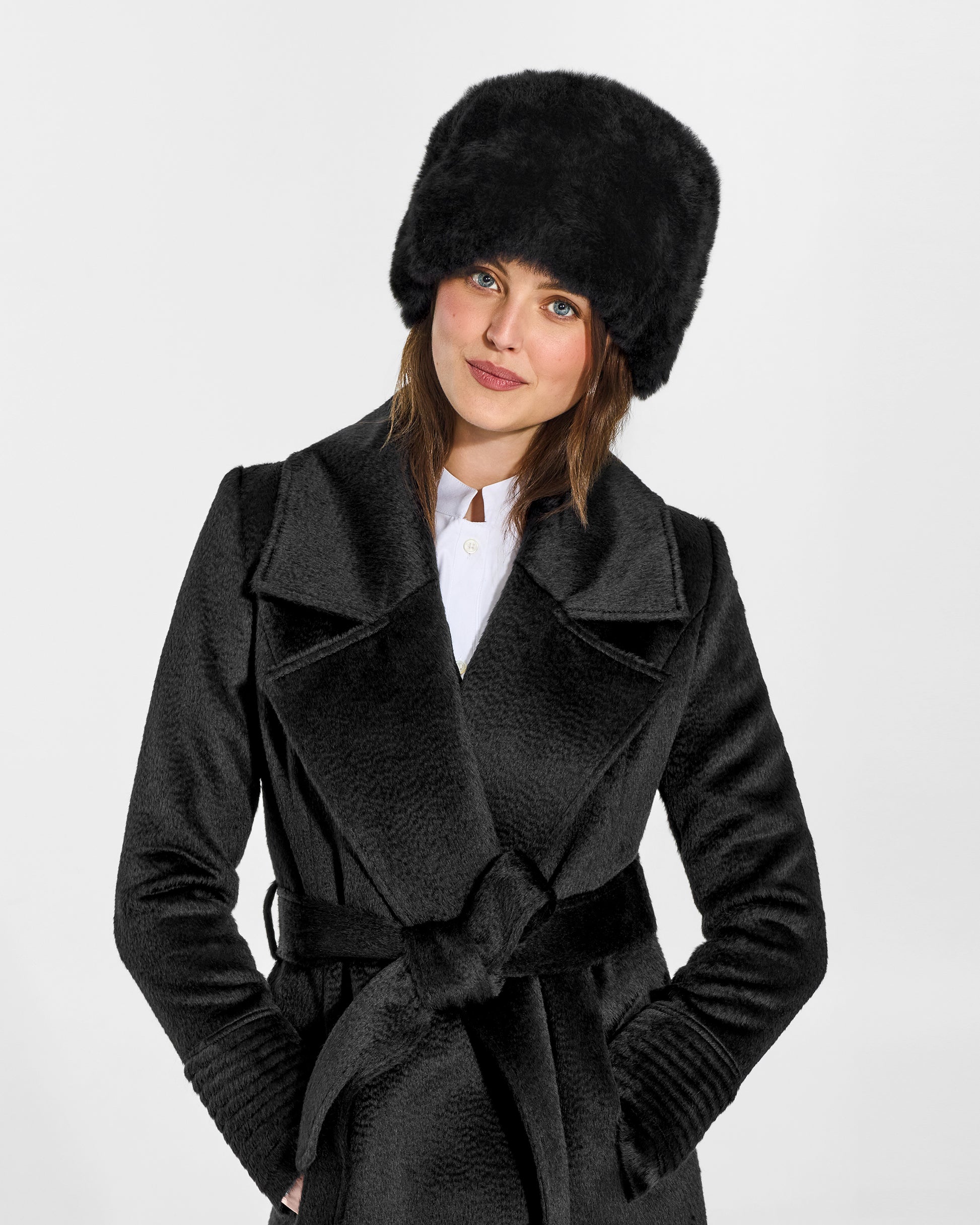 SENTALER Shearling Hat in Black, Alpaca Shearling. Worn by a female model, front view.