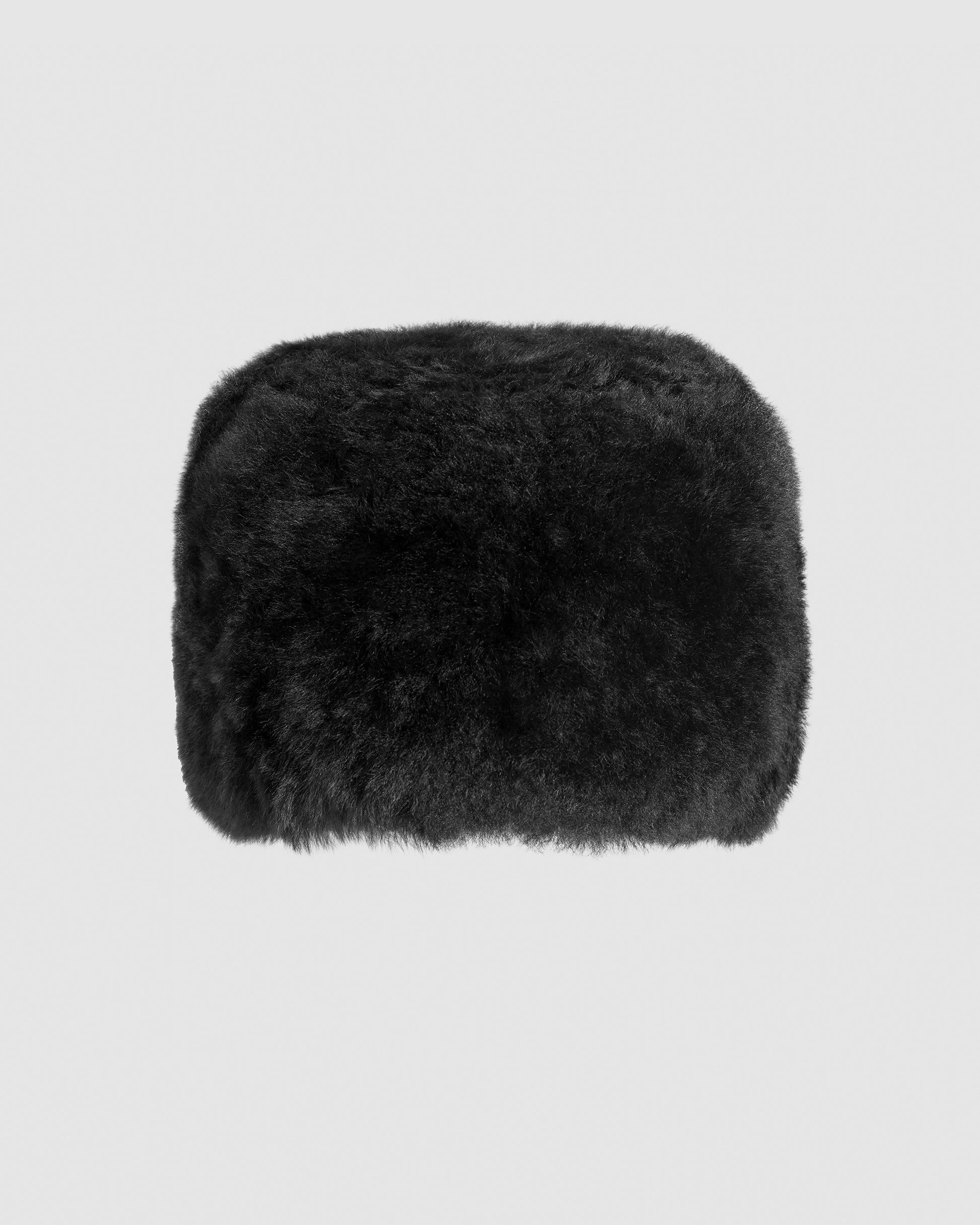 SENTALER Shearling Hat in Black, Alpaca Shearling. Off-figure.