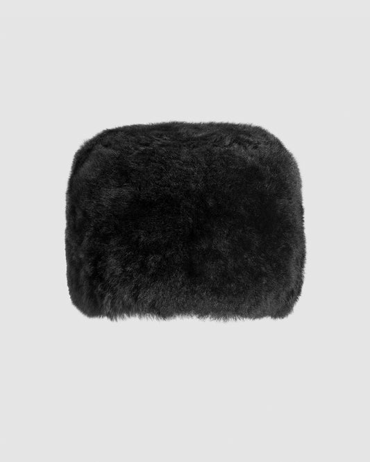 SENTALER Shearling Hat in Black, Alpaca Shearling. Off-figure.