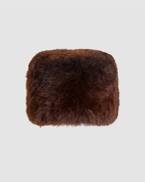SENTALER Shearling Hat in Chocolate Brown, Alpaca Shearling. Off-figure.