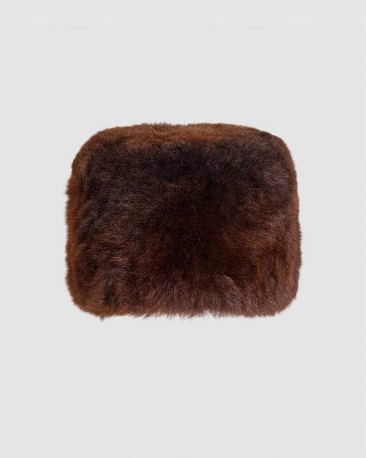 SENTALER Shearling Hat in Chocolate Brown, Alpaca Shearling. Off-figure.