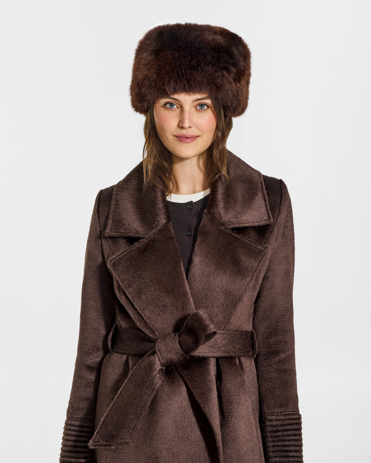 SENTALER Shearling Hat in Chocolate Brown, Alpaca Shearling. Worn by a female model, front view.