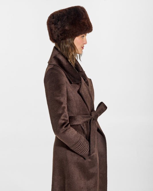 SENTALER Shearling Hat in Chocolate Brown, Alpaca Shearling. Worn by a female model, side view.
