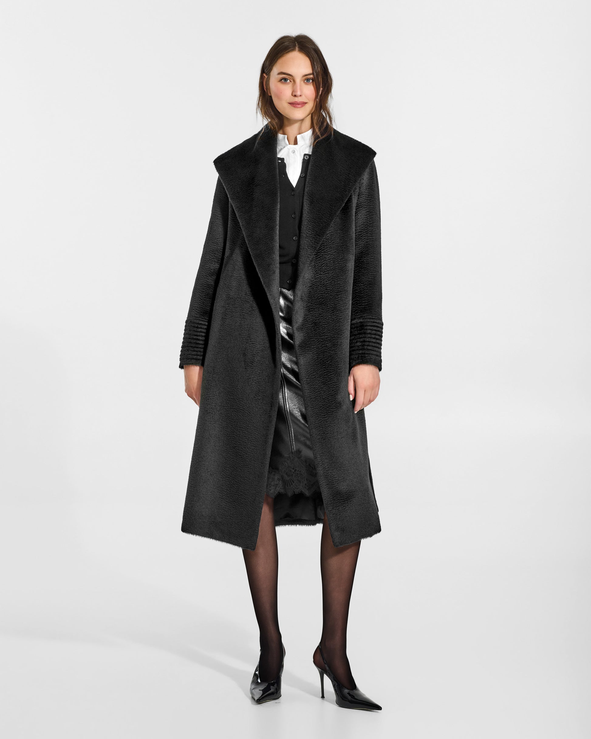 SENTALER Long Shawl Collar Wrap Coat in Black, Suri Alpaca. Worn by a female model, front view, open.