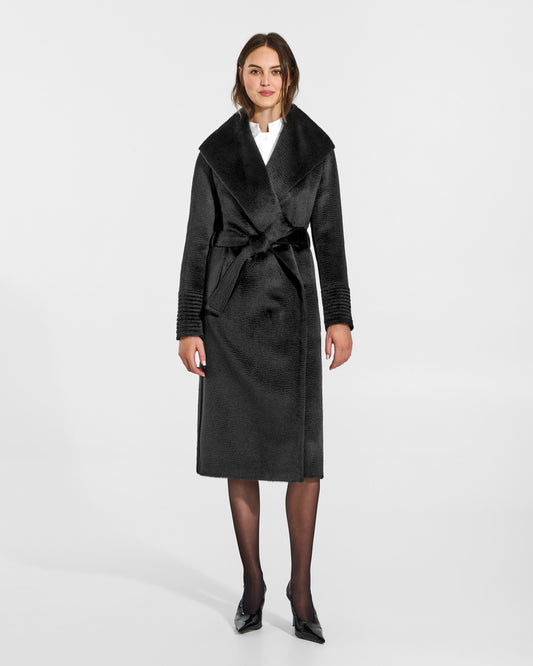 SENTALER Long Shawl Collar Wrap Coat in Black, Suri Alpaca. Worn by a female model, front view, belted.