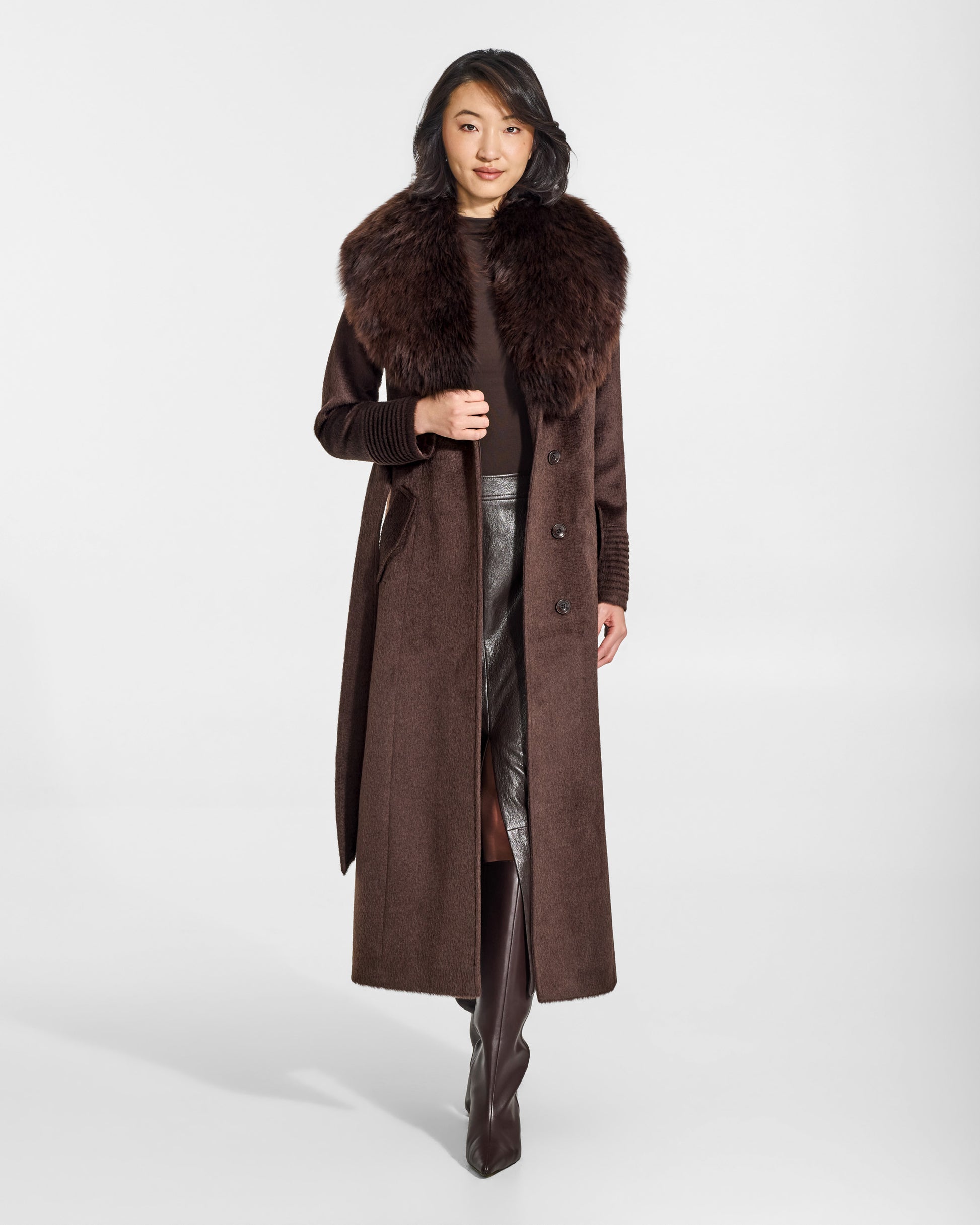 SENTALER Maxi Coat with Alpaca Shearling Collar in Chocolate Brown, Suri Alpaca. Worn by a female model, front view, open.