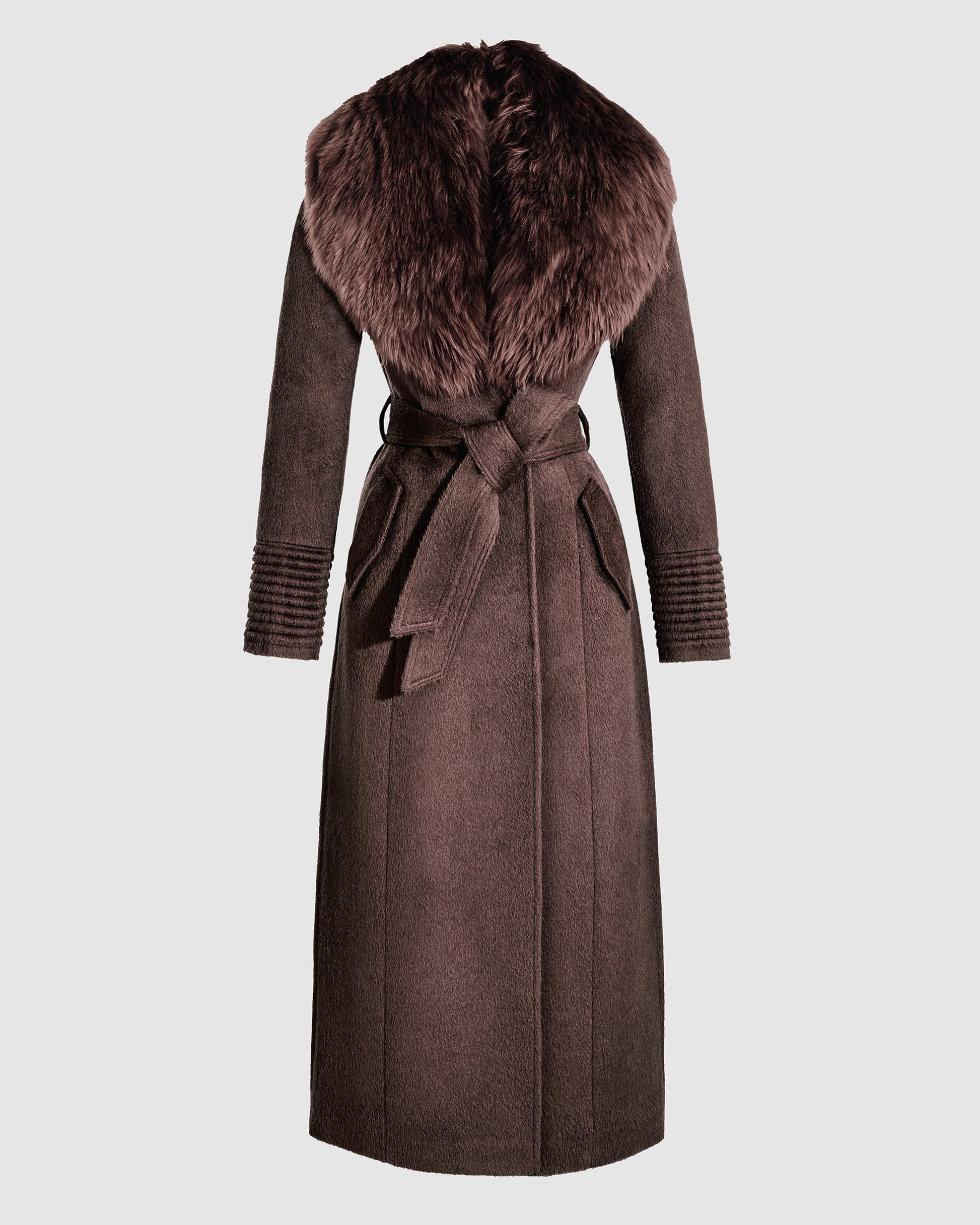 SENTALER Maxi Coat with Alpaca Shearling Collar in Chocolate Brown, Suri Alpaca. Off-figure, belted.