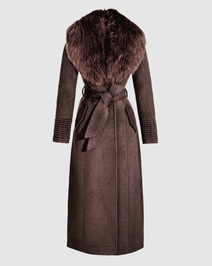 SENTALER Maxi Coat with Alpaca Shearling Collar in Chocolate Brown, Suri Alpaca. Off-figure, belted.