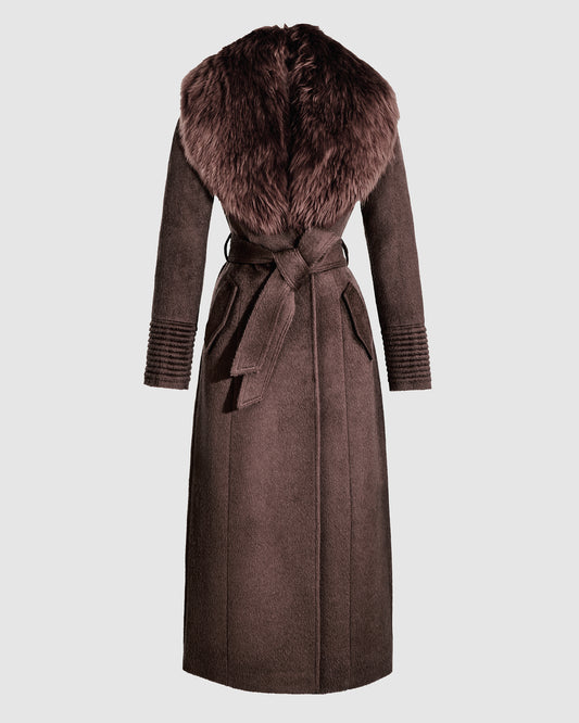 SENTALER Maxi Coat with Alpaca Shearling Collar in Chocolate Brown, Suri Alpaca. Off-figure, belted.