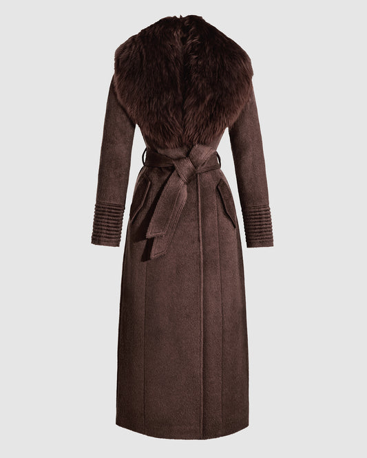 SENTALER Maxi Coat with Alpaca Shearling Collar in Chocolate Brown, Suri Alpaca. Off-figure, belted.