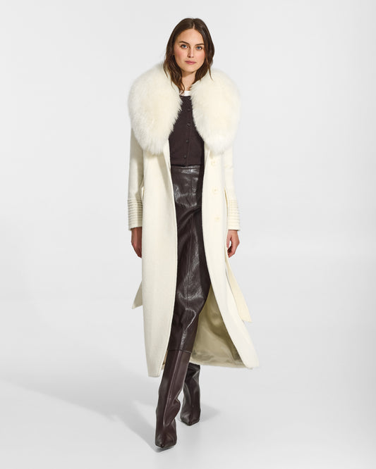 SENTALER Maxi Coat with Alpaca Shearling Collar in Ivory, Suri Alpaca. Worn by a female model, front view, open.