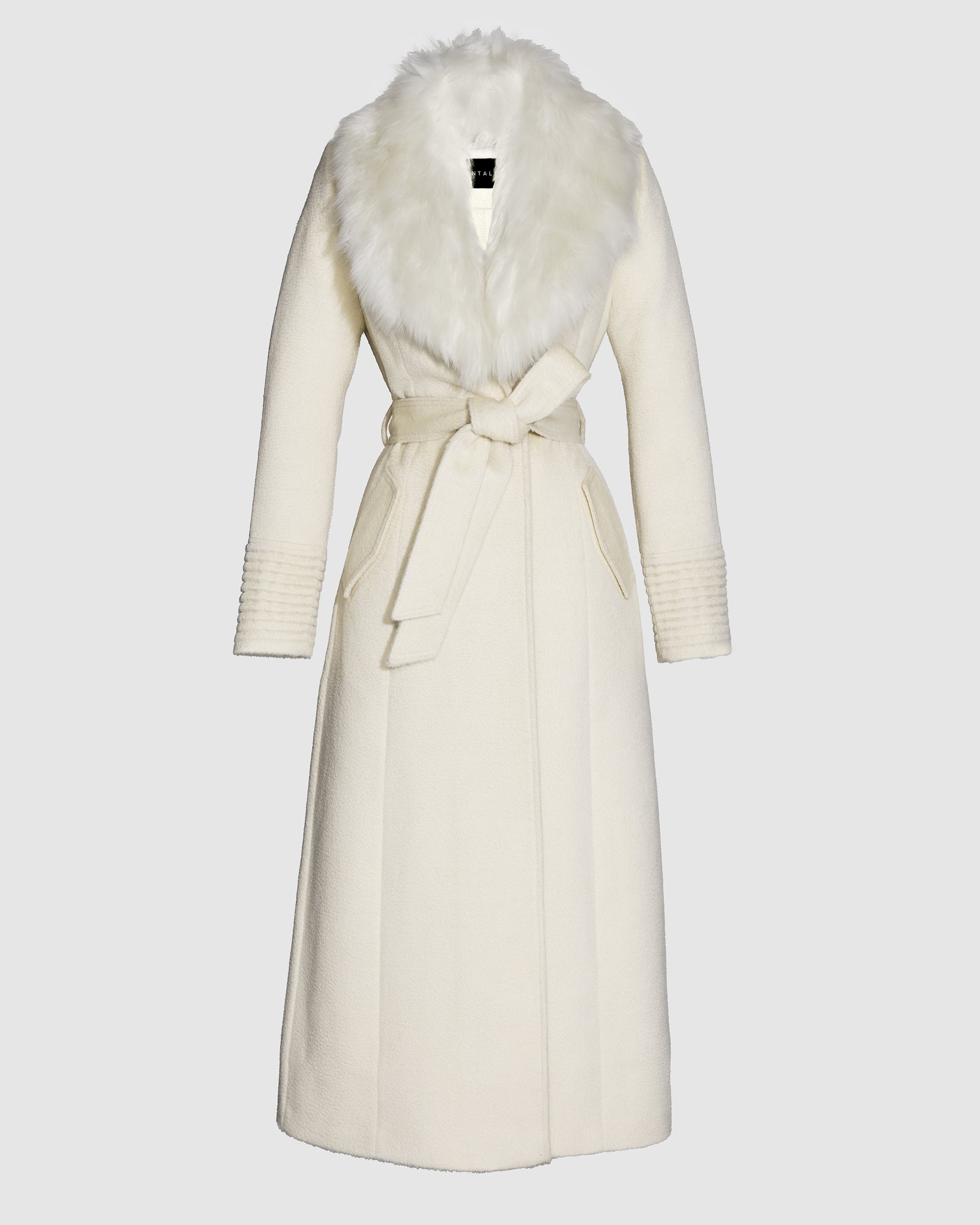 SENTALER Maxi Coat with Alpaca Shearling Collar in Ivory, Suri Alpaca. Off-figure, belted.