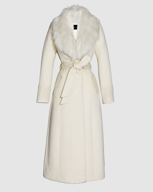 SENTALER Maxi Coat with Alpaca Shearling Collar in Ivory, Suri Alpaca. Off-figure, belted.