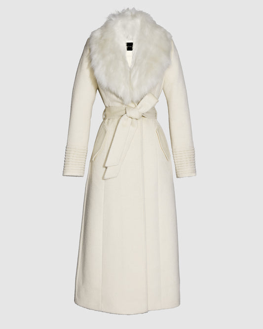 SENTALER Maxi Coat with Alpaca Shearling Collar in Ivory, Suri Alpaca. Off-figure, belted.