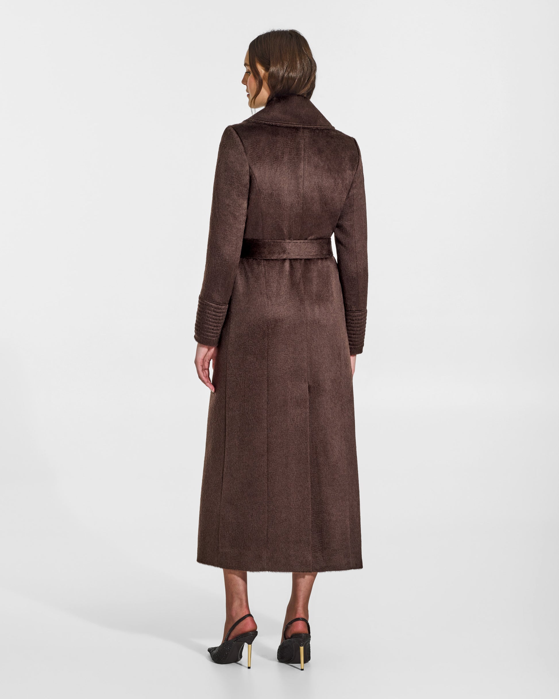 SENTALER Maxi Notched Collar Wrap Coat in Chocolate Brown, Suri Alpaca. Worn by a female model, back view, belted.