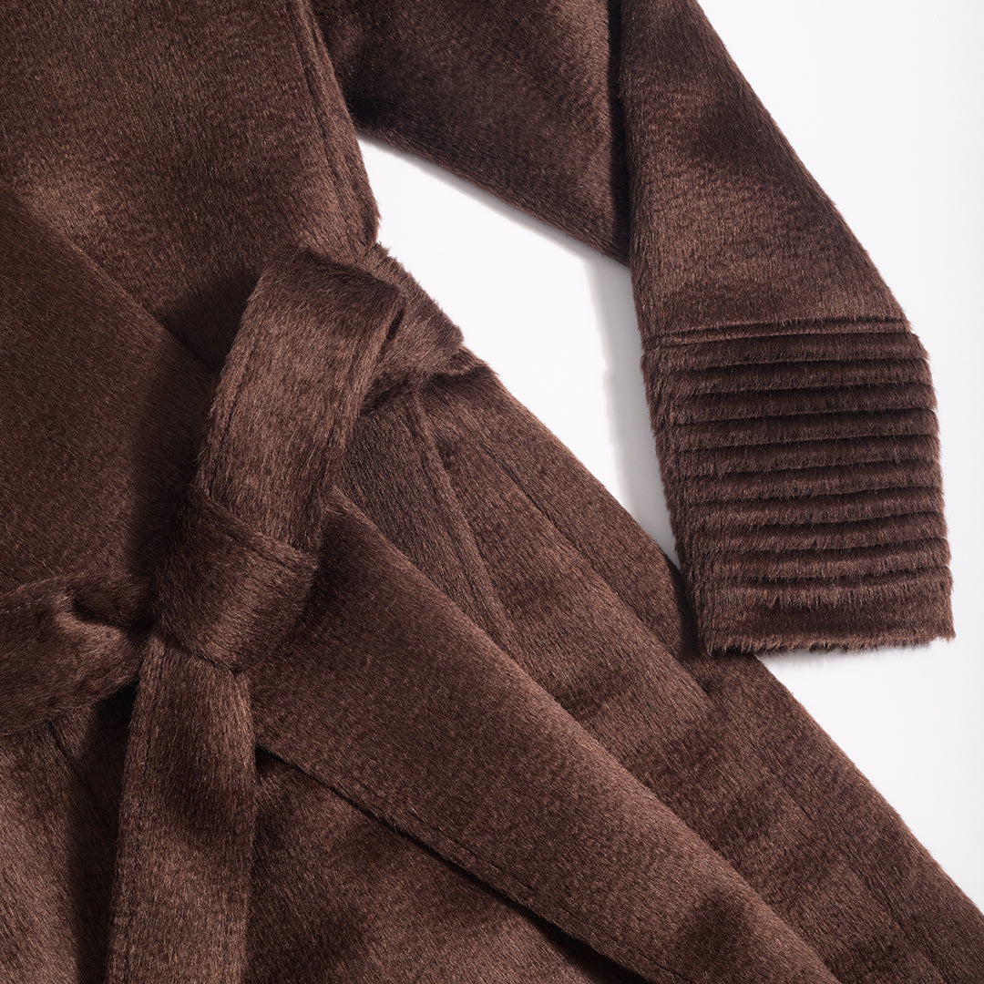 SENTALER Maxi Notched Collar Wrap Coat in Chocolate Brown, Suri Alpaca. Flat lay, close-up garment, belted.