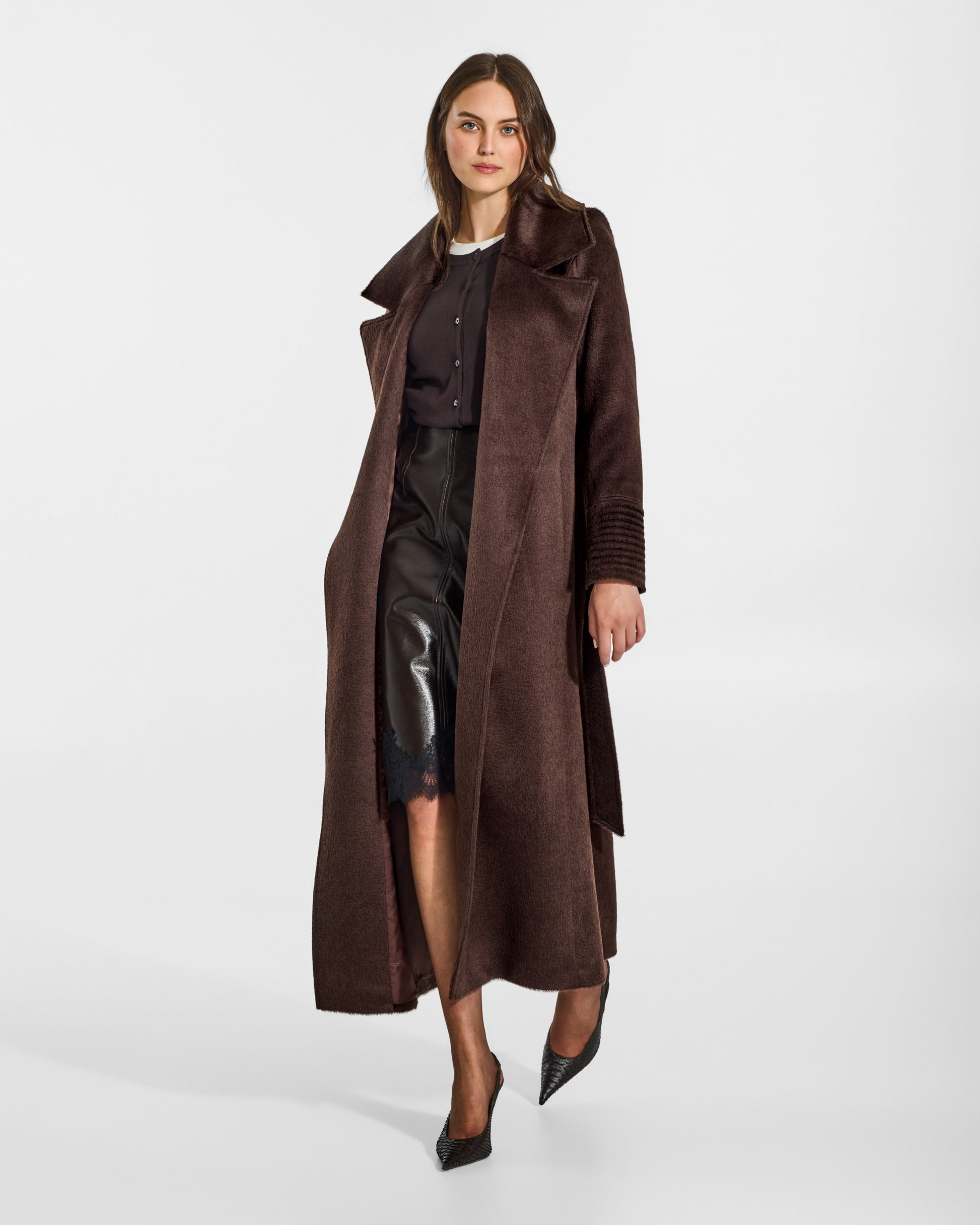 SENTALER Maxi Notched Collar Wrap Coat in Chocolate Brown, Suri Alpaca. Worn by a female model, front view, open.