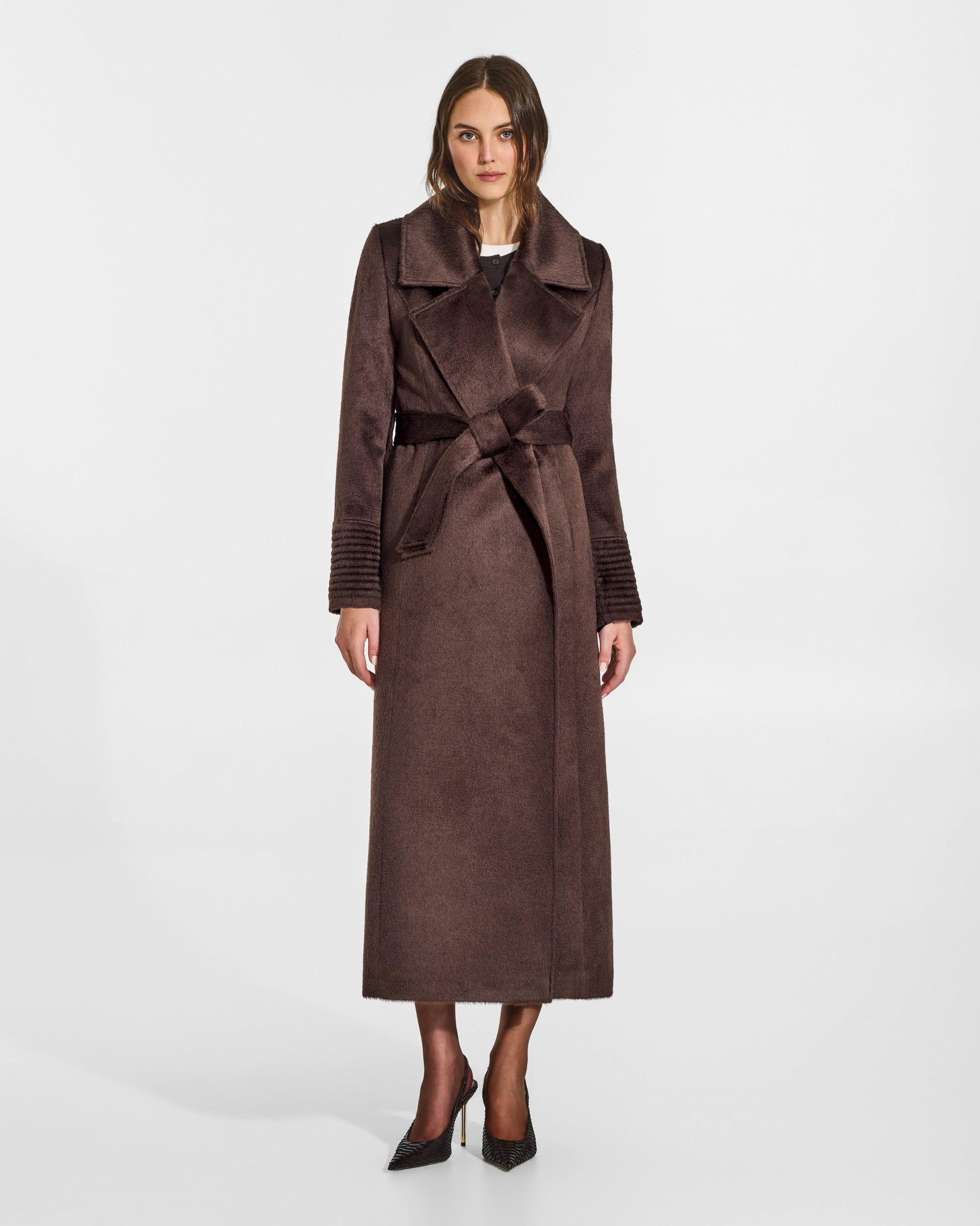SENTALER Maxi Notched Collar Wrap Coat in Chocolate Brown, Suri Alpaca. Worn by a female model, front view, belted.