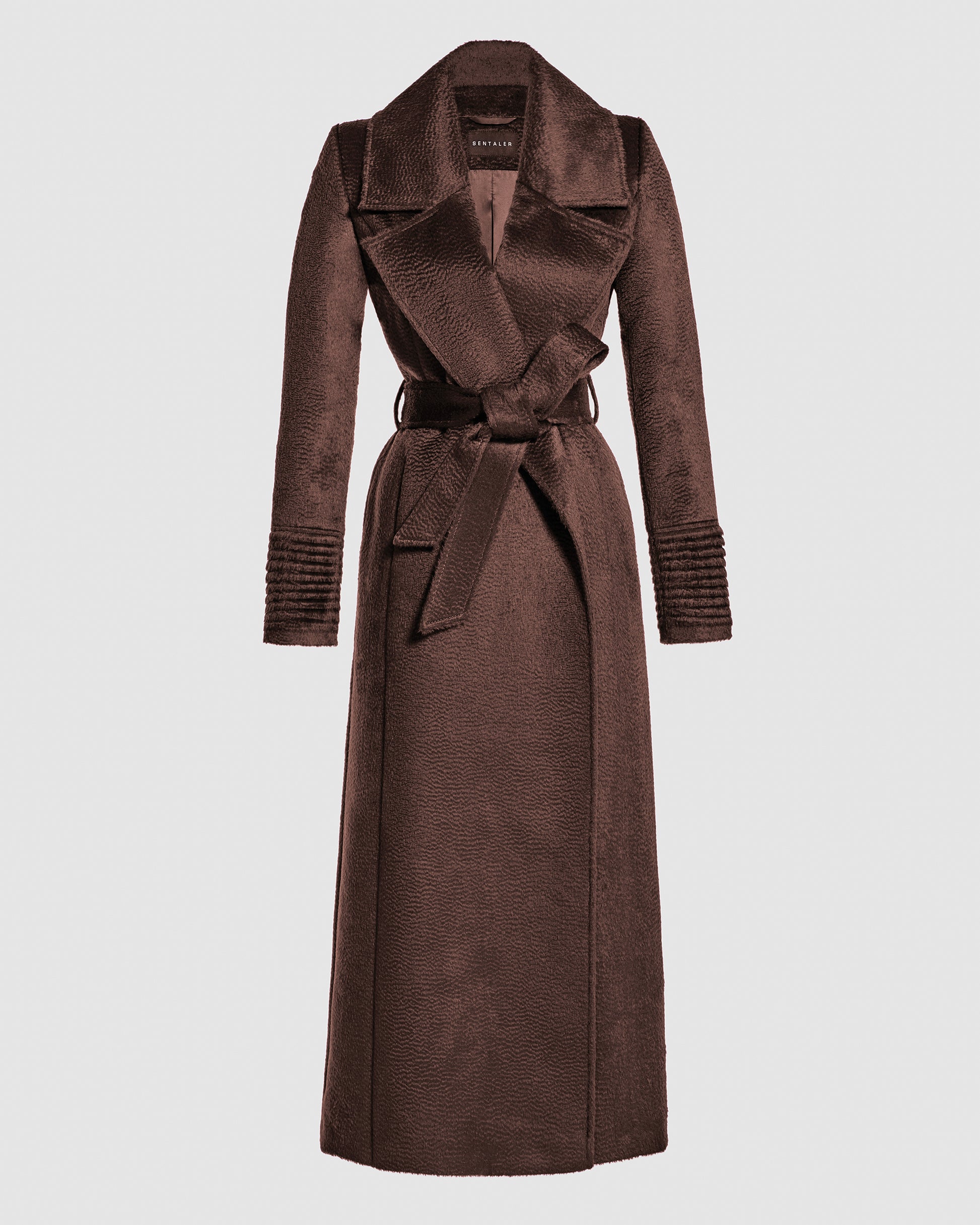 SENTALER Maxi Notched Collar Wrap Coat in Chocolate Brown, Suri Alpaca. Off-figure, belted.