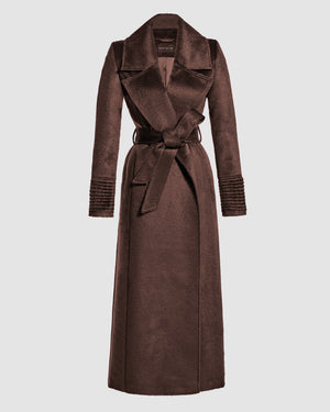 SENTALER Maxi Notched Collar Wrap Coat in Chocolate Brown, Suri Alpaca. Off-figure, belted.