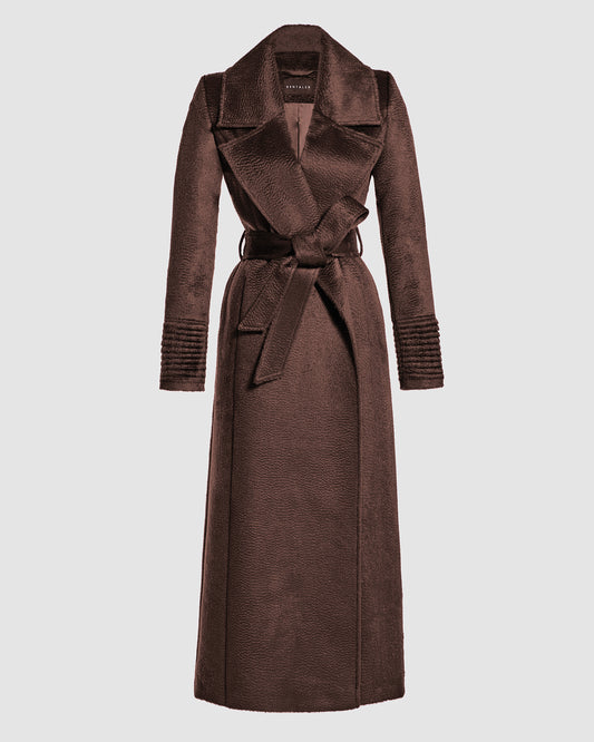 SENTALER Maxi Notched Collar Wrap Coat in Chocolate Brown, Suri Alpaca. Off-figure, belted.