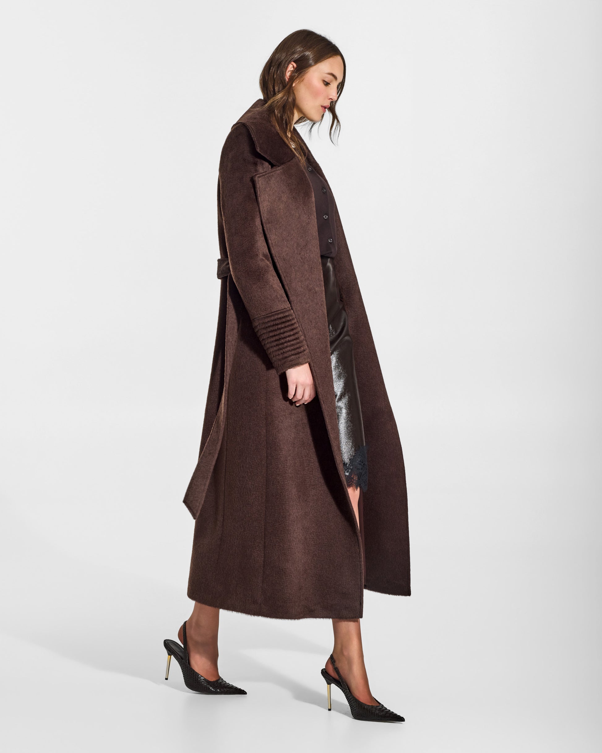 SENTALER Maxi Notched Collar Wrap Coat in Chocolate Brown, Suri Alpaca. Worn by a female model, side view, open.
