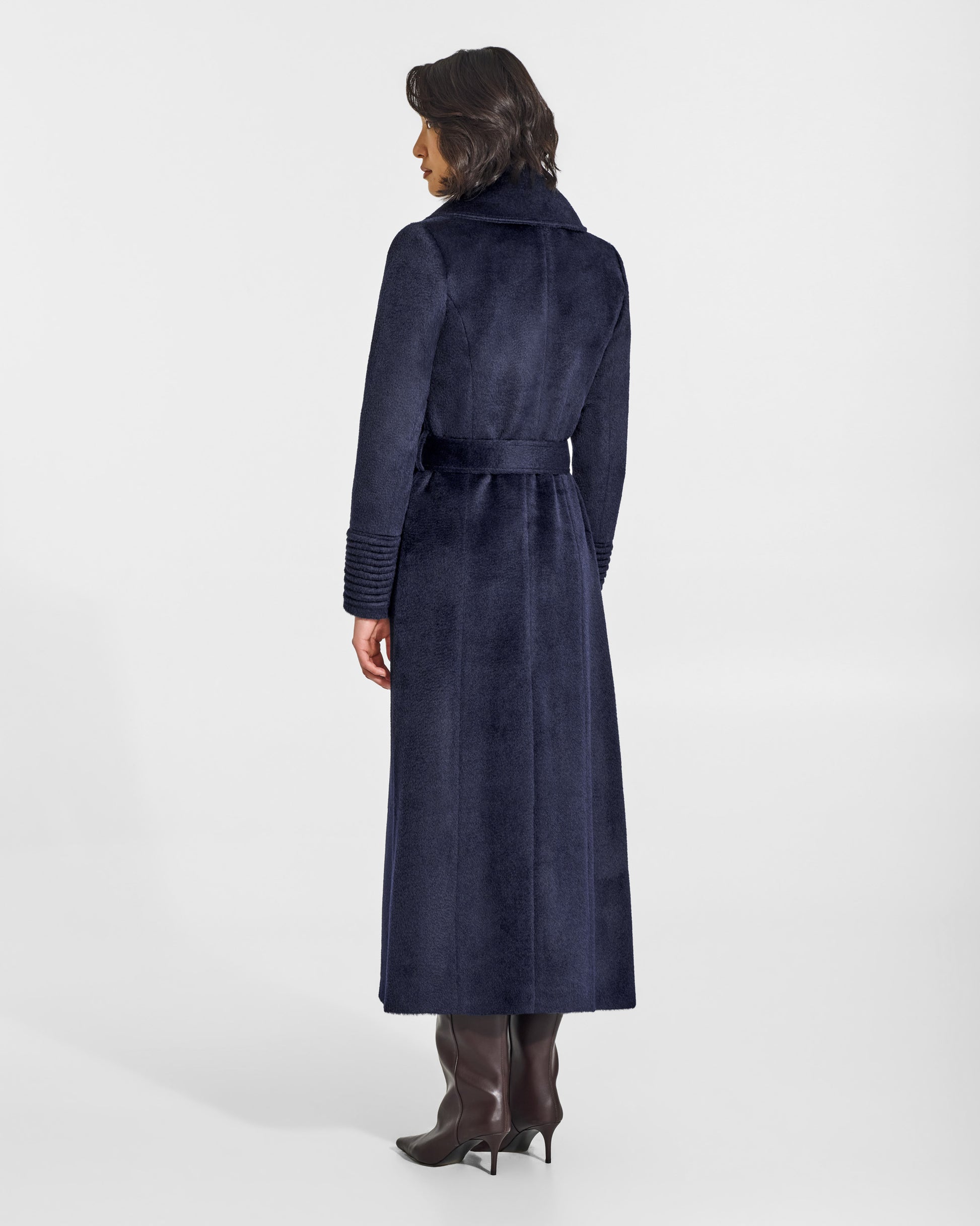 SENTALER Maxi Notched Collar Wrap Coat in Deep Navy, Suri Alpaca. Worn by a female model, back view, belted.