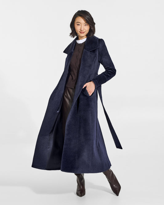 SENTALER Maxi Notched Collar Wrap Coat in Deep Navy, Suri Alpaca. Worn by a female model, front view, open.