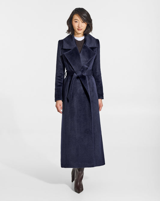 SENTALER Maxi Notched Collar Wrap Coat in Deep Navy, Suri Alpaca. Worn by a female model, front view, belted.