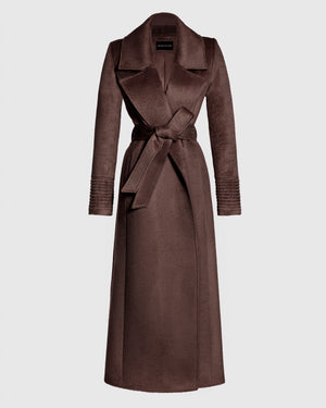 SENTALER Maxi Notched Collar Wrap Coat in Chocolate Brown, Suri Alpaca. Off-figure, belted.
