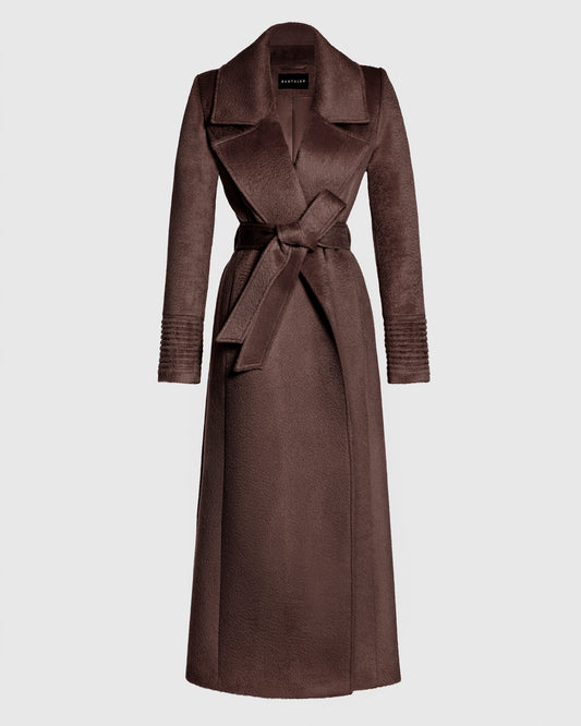 SENTALER Maxi Notched Collar Wrap Coat in Chocolate Brown, Suri Alpaca. Off-figure, belted.