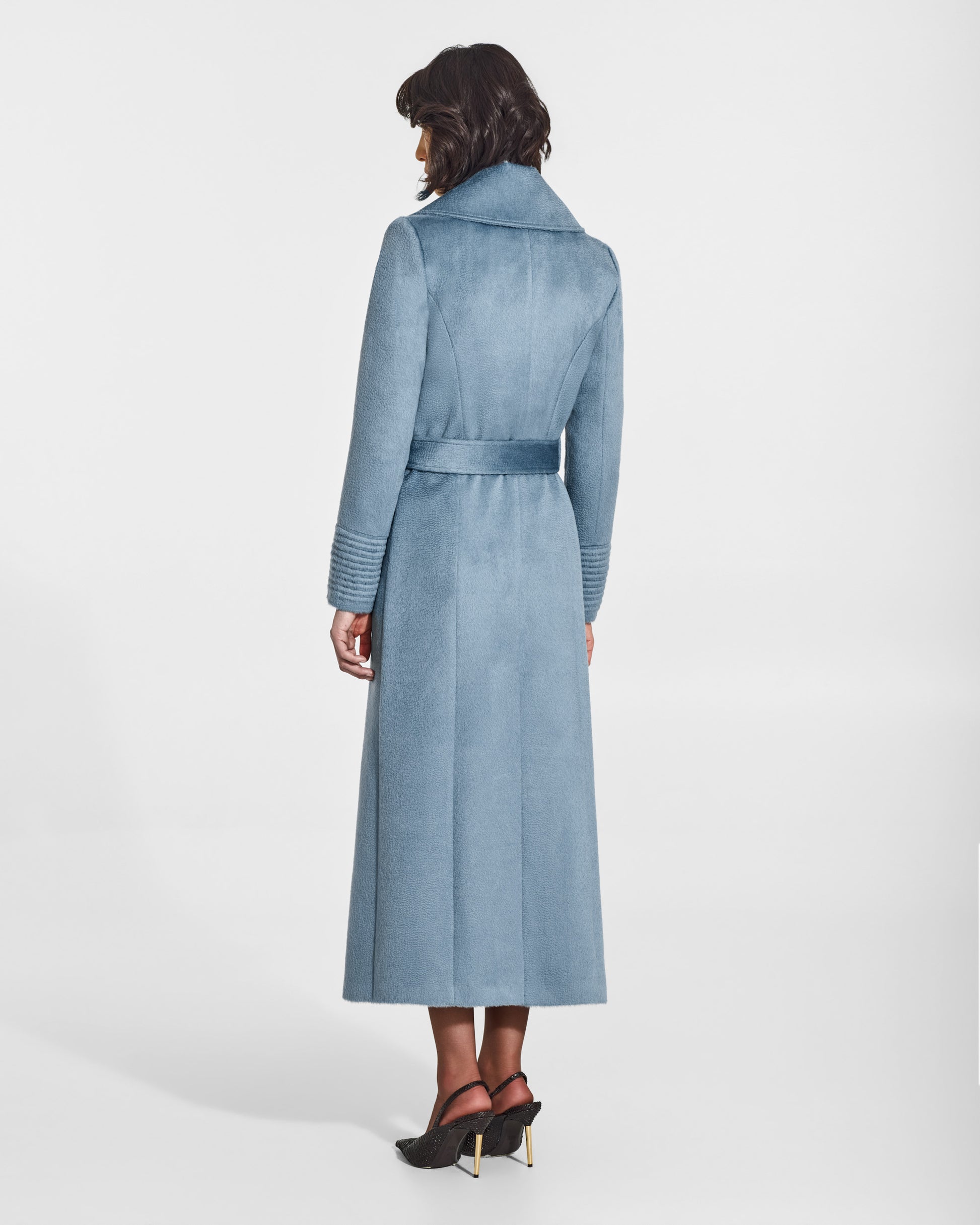 SENTALER Maxi Notched Collar Wrap Coat in Steel Blue, Suri Alpaca. Worn by a female model, back view, belted.