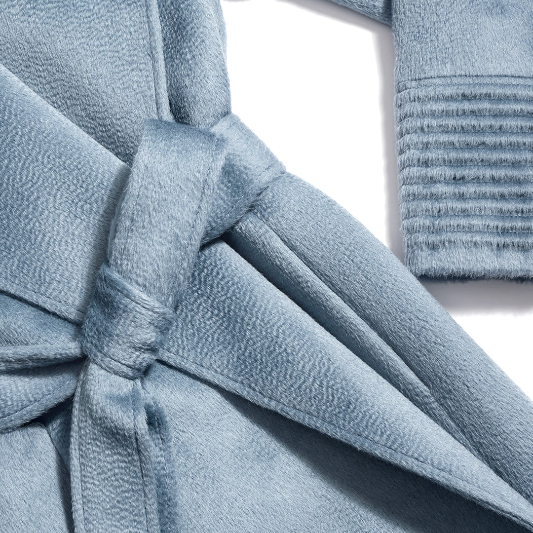 SENTALER Maxi Notched Collar Wrap Coat in Steel Blue, Suri Alpaca. Flat lay, close-up garment, belted.