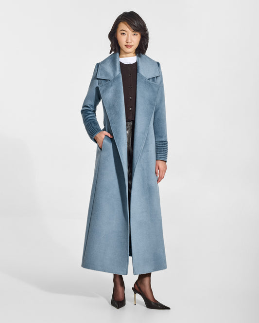 SENTALER Maxi Notched Collar Wrap Coat in Steel Blue, Suri Alpaca. Worn by a female model, front view, open.