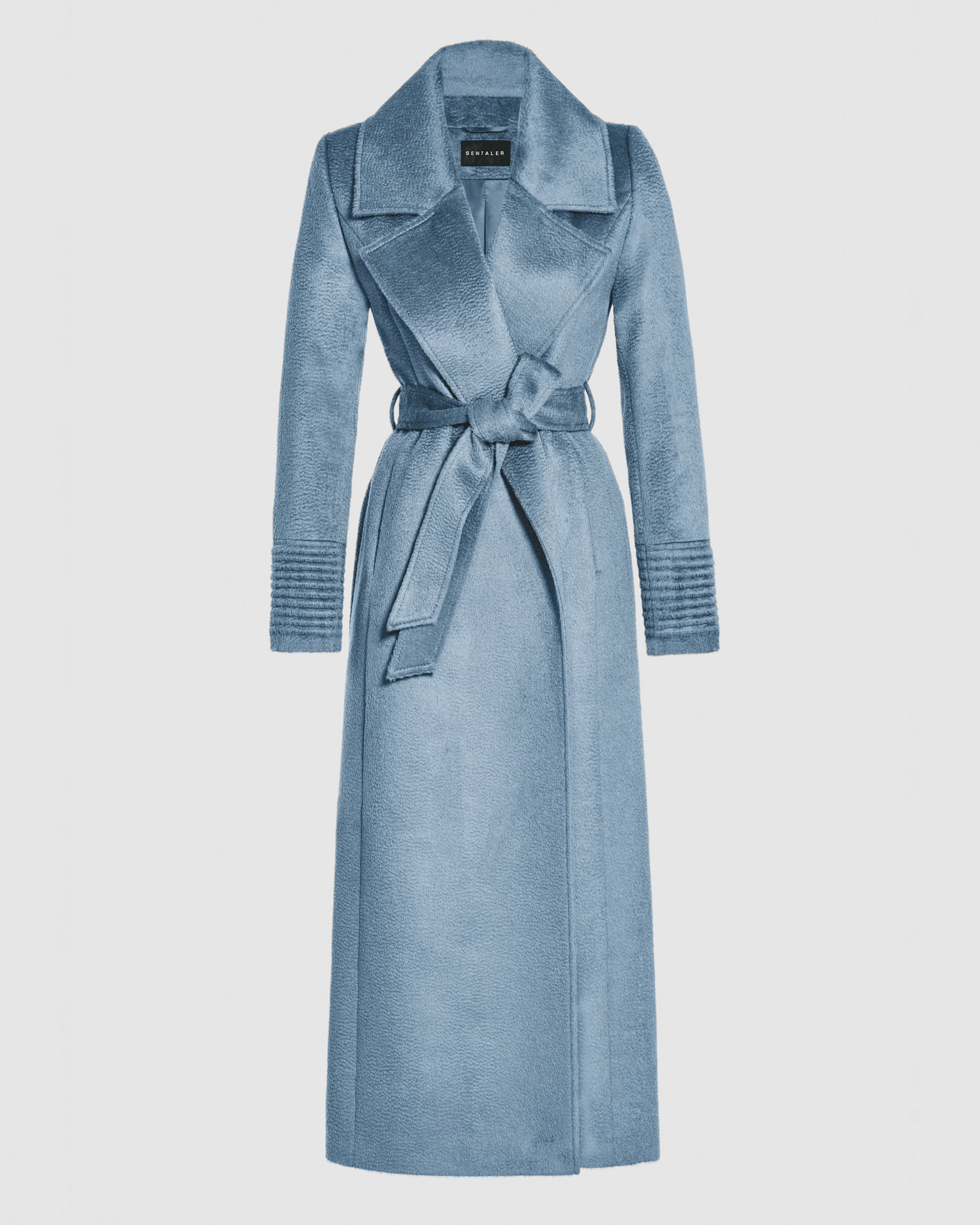 SENTALER Maxi Notched Collar Wrap Coat in Steel Blue, Suri Alpaca. Off-figure, belted.