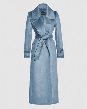 SENTALER Maxi Notched Collar Wrap Coat in Steel Blue, Suri Alpaca. Off-figure, belted.